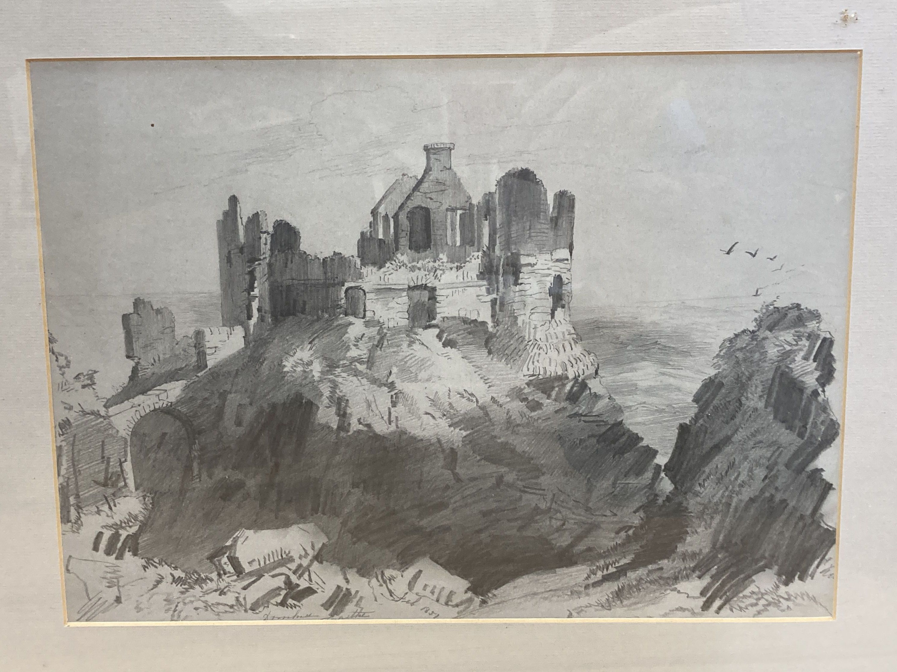 English School c.1850, two pencil and wash drawings, Study of ruins and View of town and mountains, inscribed, 26 x 36cm